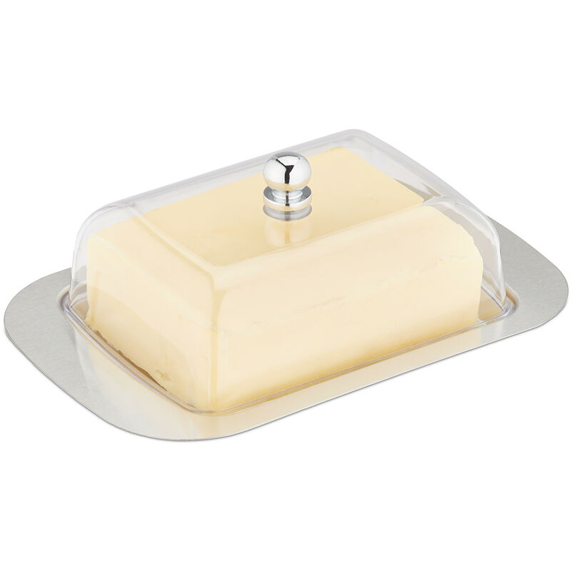 foto del prodotto portaburro con coperchio, burriera in acciaio inox e plastica 250 g di burro 7x18,5x12 cm, argento trasparente relaxdays