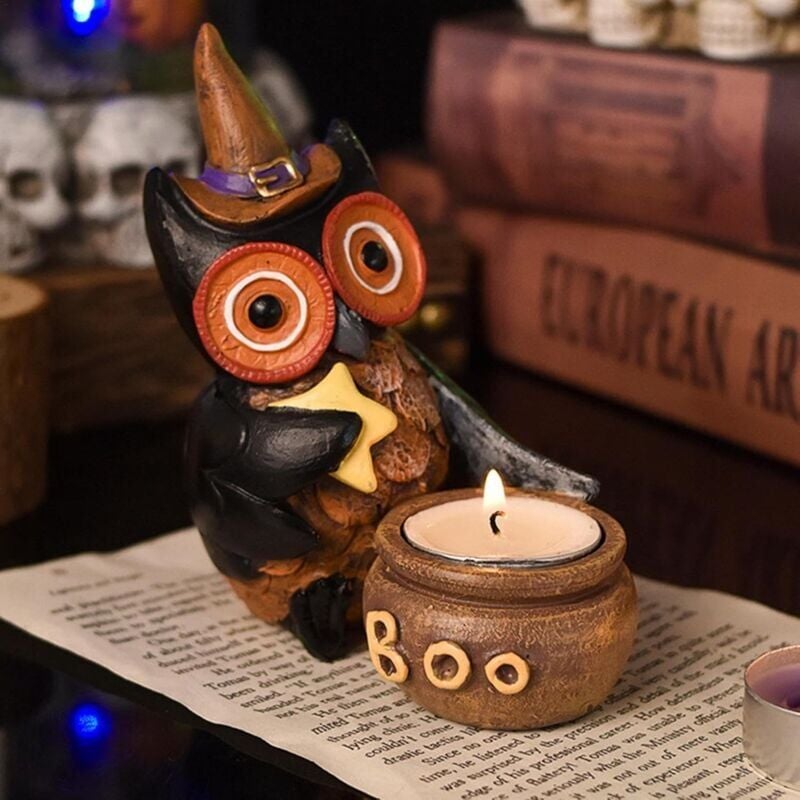 foto del prodotto portacandele a forma di gufo gotico , decorazioni a forma di gufo per halloween, per feste, caminetti, casa, giardino