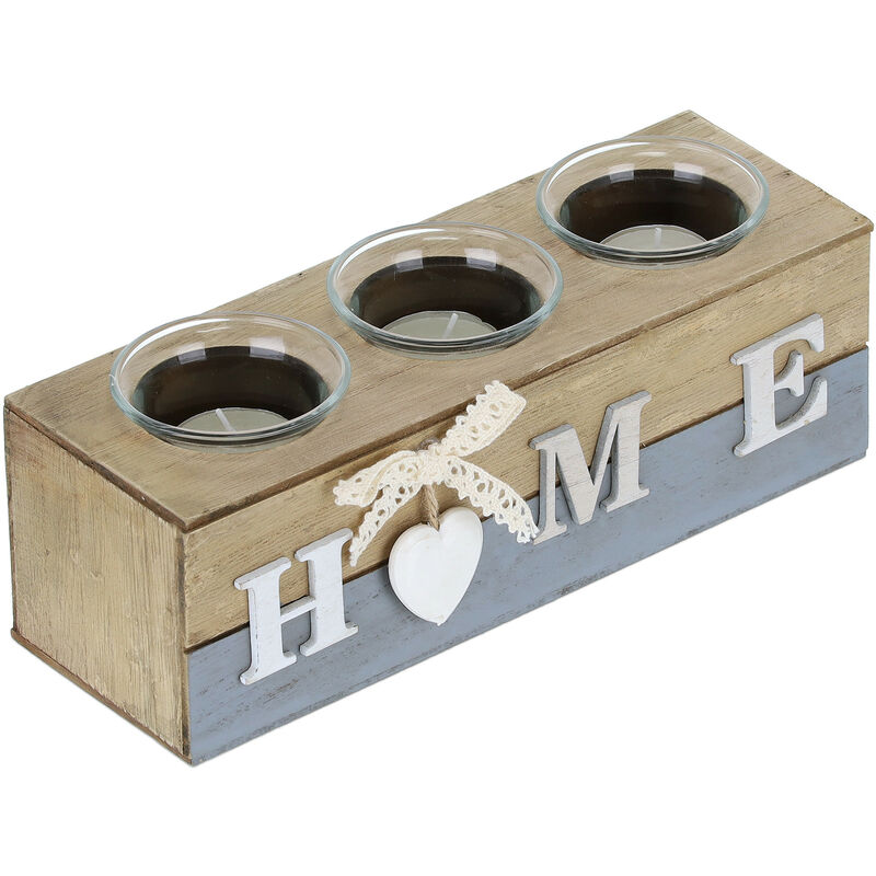 foto del prodotto portacandele con scritta home, 3 vasetti per candeline, centrotavola, hlp 8 x 23 x 8 cm, cuore, multicolore relaxdays