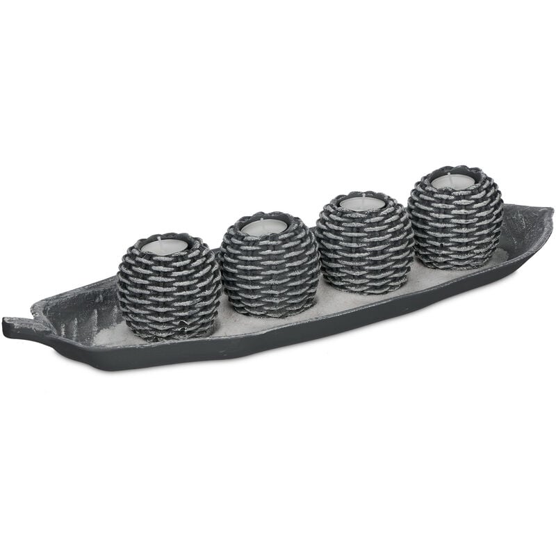 foto del prodotto portacandele decorativo con vassoio, 4 porta tea light e sabbia, per il tavolino e il salotto, grigio bianco relaxdays