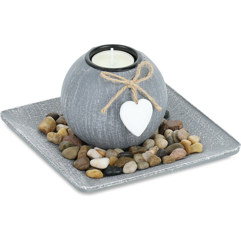 foto del prodotto portacandele decorativo con vassoio e pietre, 15,5 x 15,5 cm, decorazione per tavolino e soggiorno, grigio relaxdays