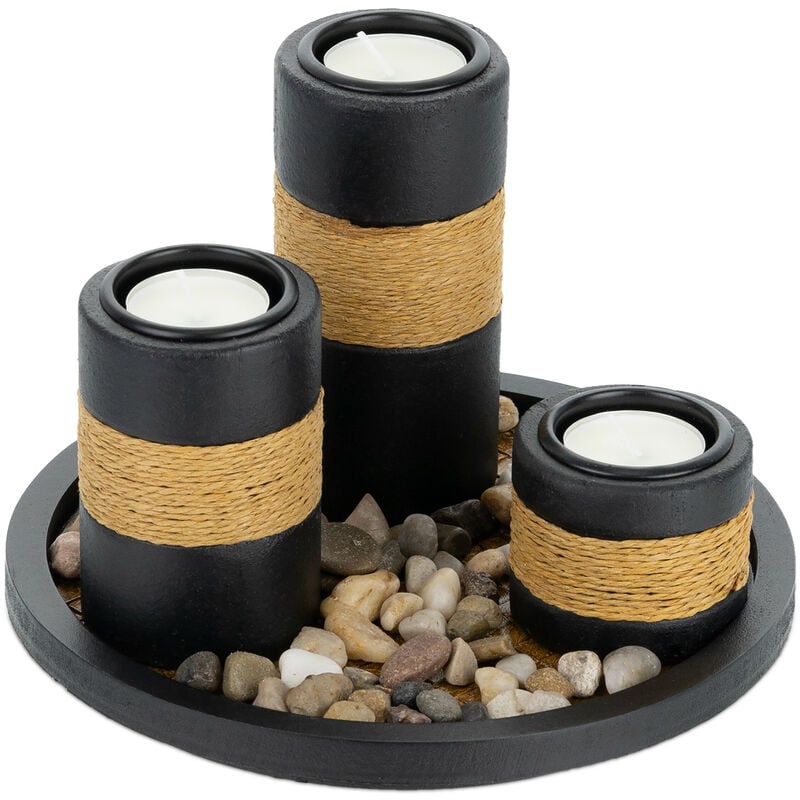 foto del prodotto portacandele decorativo con vassoio e pietre, 19,5 cm, decorazione per tavolino e soggiorno, nero marrone relaxdays