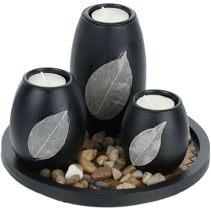 foto del prodotto portacandele decorativo con vassoio e pietre, 19,5 cm, decorazione per tavolino e soggiorno, nero marrone relaxdays