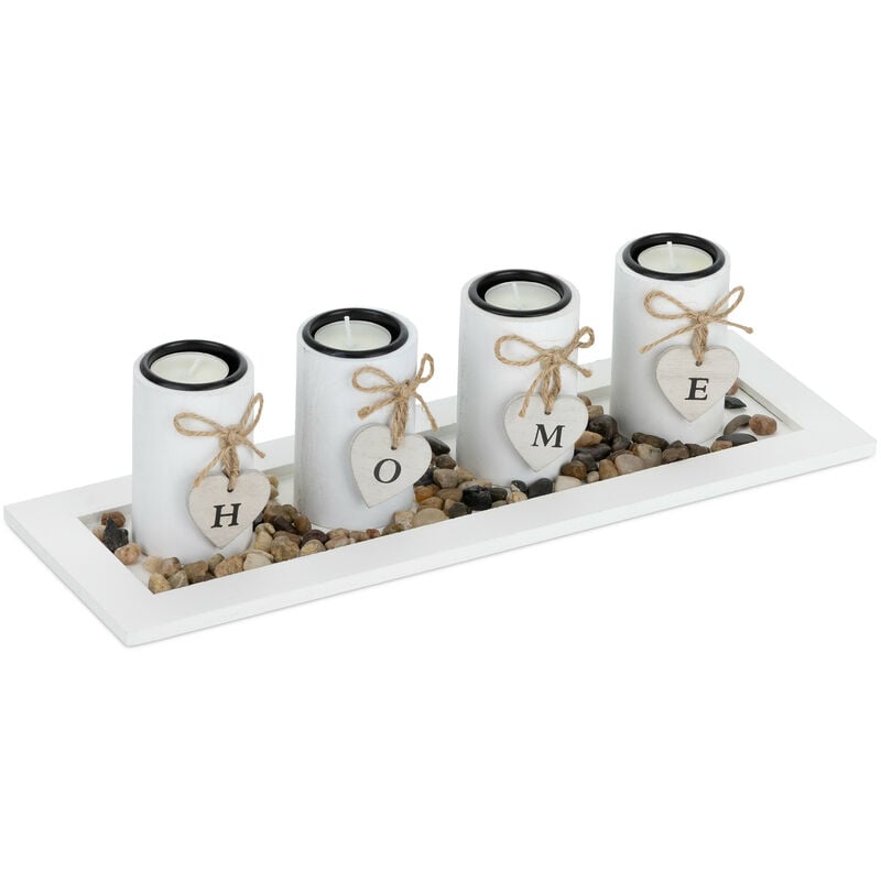 foto del prodotto portacandele decorativo con vassoio e pietre, lungo 39,5 cm, decorazione per tavolino e soggiorno, bianco relaxdays