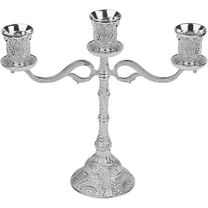 foto del prodotto portacandele in lega 24x22 cm, 3 bracci, struttura argentata, stile classico, arredamento per la casa, cena a lume di candela bebusingoto