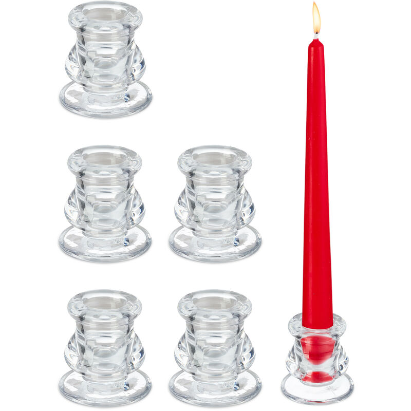foto del prodotto portacandele in vetro, set da 6 supporti per candele a bastoncino, candeliere h x d 5,5 x 5,5 cm, trasparente relaxdays