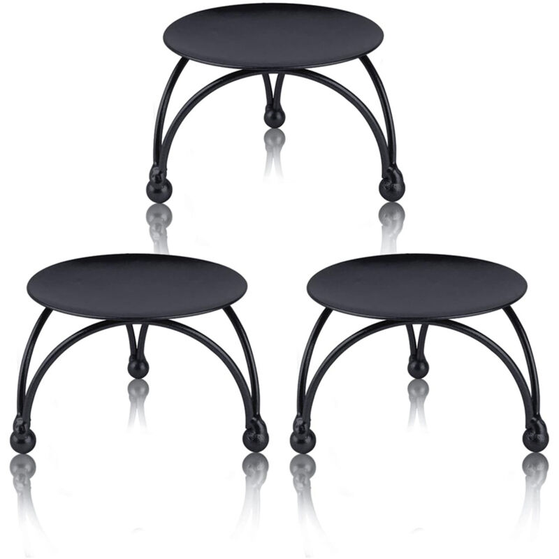 foto del prodotto portacandele nero, set di 3 piccoli piatti portacandele in ferro da 2,5 pollici, piccolo portacandele decorativo adatto per candele a led e di cera,