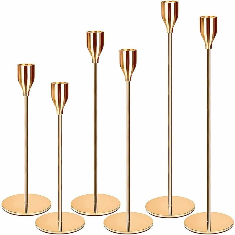 foto del prodotto portacandele oro 6 pezzi, portacandele per matrimonio diverse misure, candelabro da 23 28 33 cm per candele da 2,2 cm di diametro portacandele