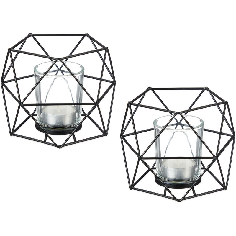 foto del prodotto portacandele, set da 2, metallo, design geometrico, hxlxp 10 x 13 x 12 cm, con contenitore in vetro, nero relaxdays