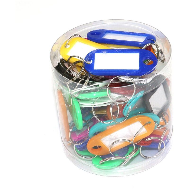 foto del prodotto portachiavi colorati, confezione da 50 etichette portachiavi in plastica trasparenti etichette per bagagli portachiavi per etichette per nome ufficio