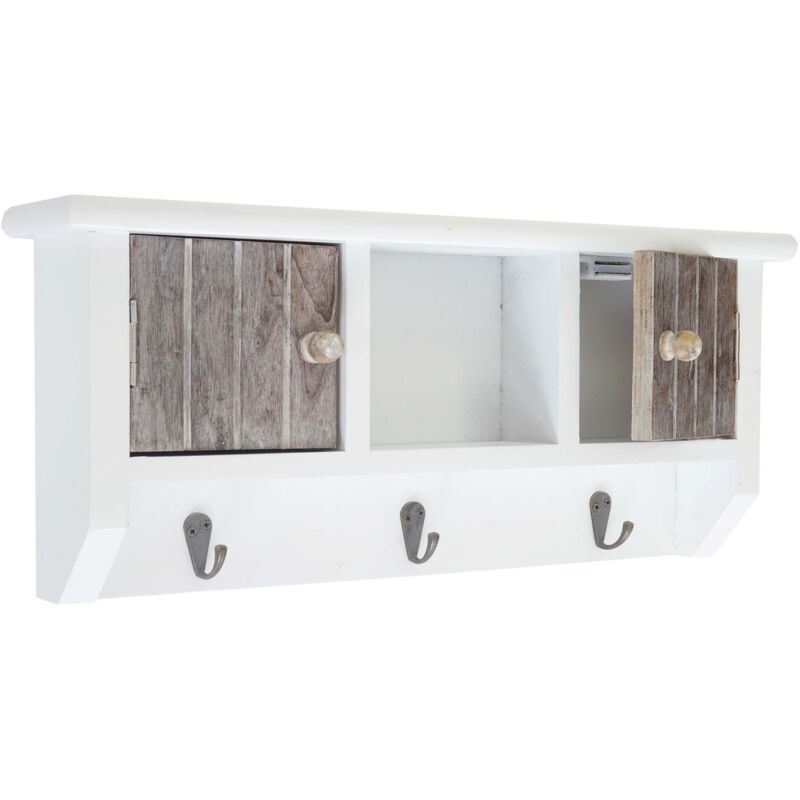 foto del prodotto portachiavi da muro con 3 ganci e mensola mobile ingresso in legno massello marrone stile vintage marrone bianco 040003591