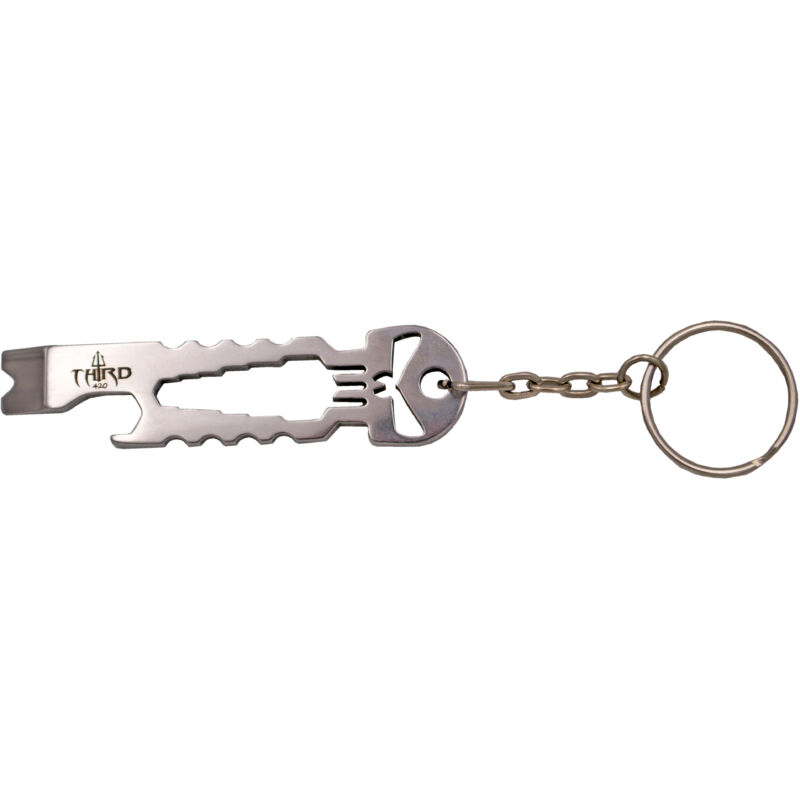 foto del prodotto portachiavi multiuso terzo k2828 de acciaio inox de 7,5 cm finitura cromata, pu essere utilizzato come estrattore di bit, apribottiglie e chiave