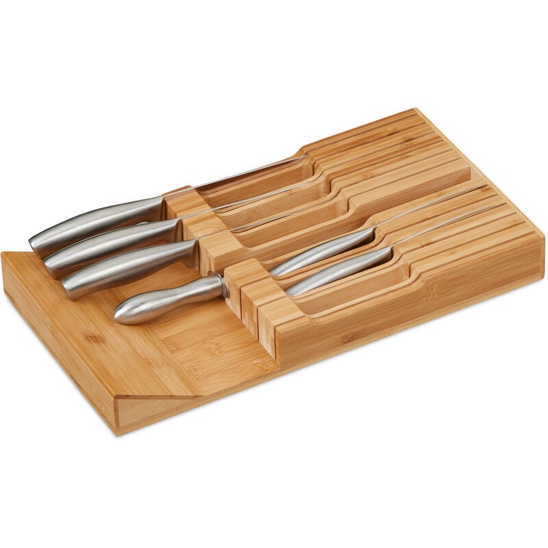 foto del prodotto portacoltelli cassetto, porta 12 coltelli e acciaino, organizer cucina in bamb , hlp 5 x 43 x 23 cm, naturale relaxdays