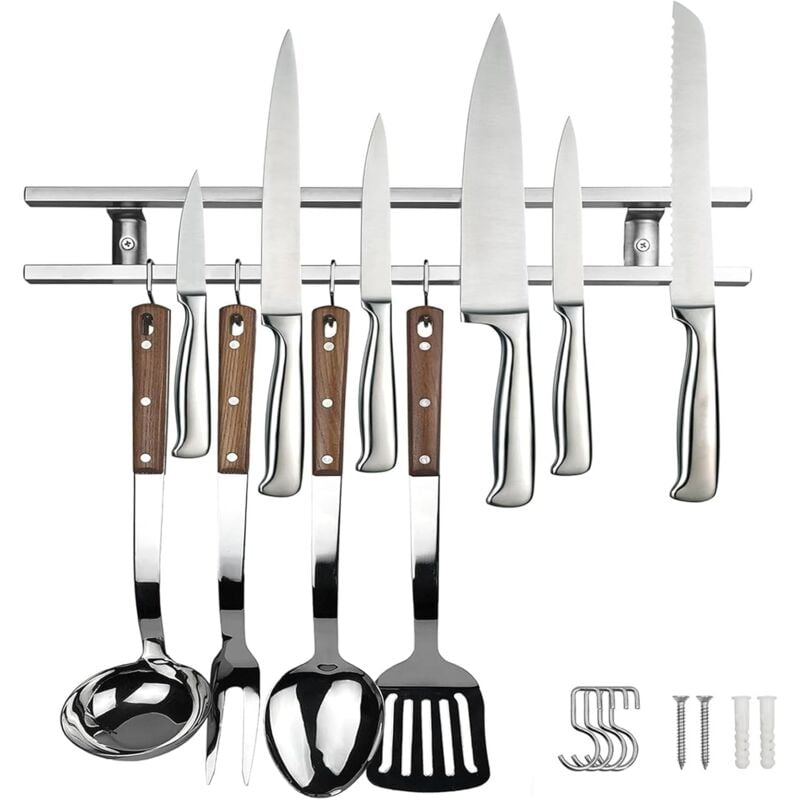 foto del prodotto portacoltelli magnetico, 40 cm, gancio super magnetico, doppio portacoltelli magnetico con 4 ganci, portacoltelli magnetico da parete in acciaio inox