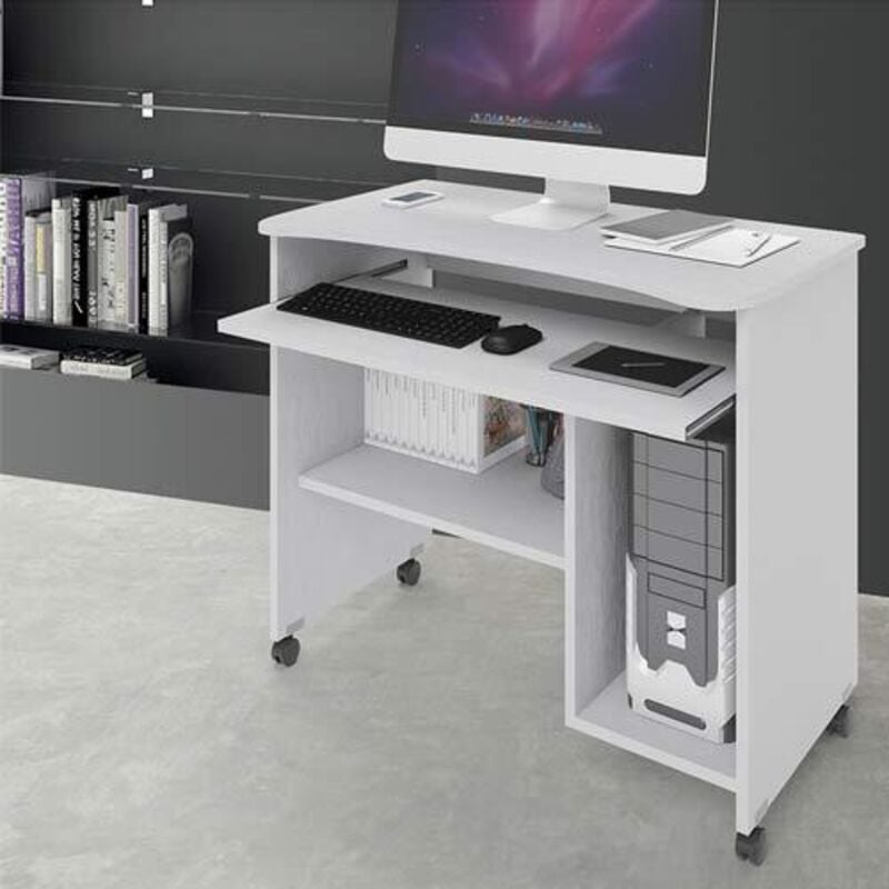 foto del prodotto portacomputer bianco con ruote in legno nobilitato h.76x93 x48,5 cm