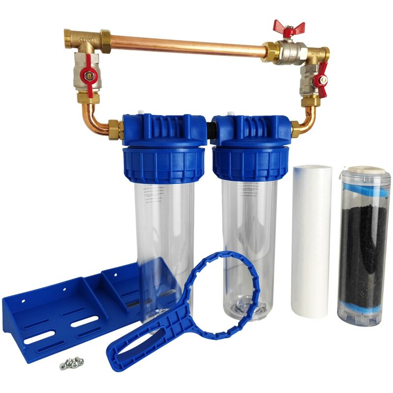 foto del prodotto portafiltro doppio acqua 9'3 4 20 27f con by-pass cartuccia sedimenti 20 m e carbone attivo
