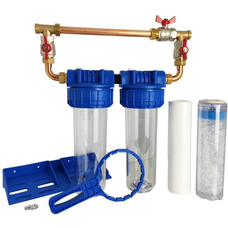 foto del prodotto portafiltro doppio acqua 9 3 4 20 27f con cartuccia by pass 20 m e polifosfato