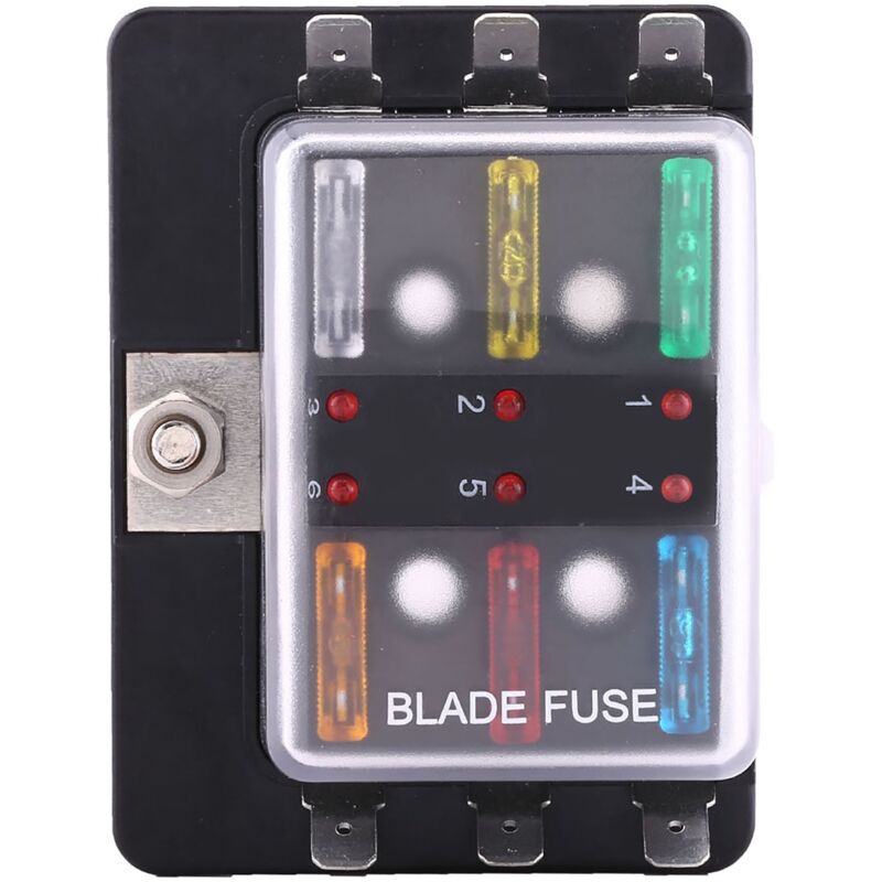foto del prodotto portafusibile a lama, copertura in pc trasparente bloccata spia led 30a m5 stud 6 vie per furgone auto barca zoternen