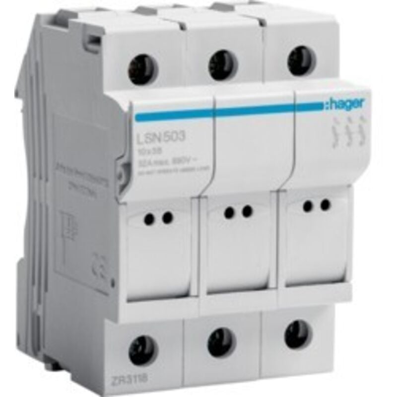foto del prodotto portafusibile hager 32a 3p 400v l38 3 moduli 10x38 lsn503