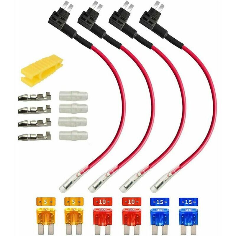 foto del prodotto portafusibile micro 2 da 4 pezzi da 12 v e 24 v, adattatore per portafusibile a lama, con 6 fusibili a lama da 5 a, 10 a, 15 a e 1 estrattore per