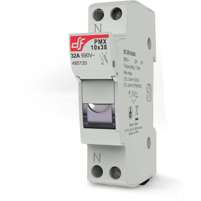 foto del prodotto portafusibile per fotovoltaico, 1000v 32a, 1 modulo, per fusibili ⌀10,3x38mm, montaggio su guida din - wimex 5450121f pmx-10x1-ul