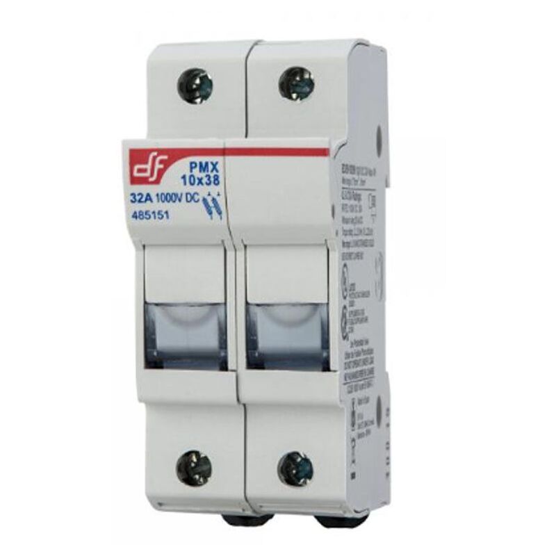 foto del prodotto portafusibile per fotovoltaico, 1000v 32a, 2 moduli, per fusibili 10,3x38mm, montaggio su guida din wimex 5450123f pmx 10x2 ul