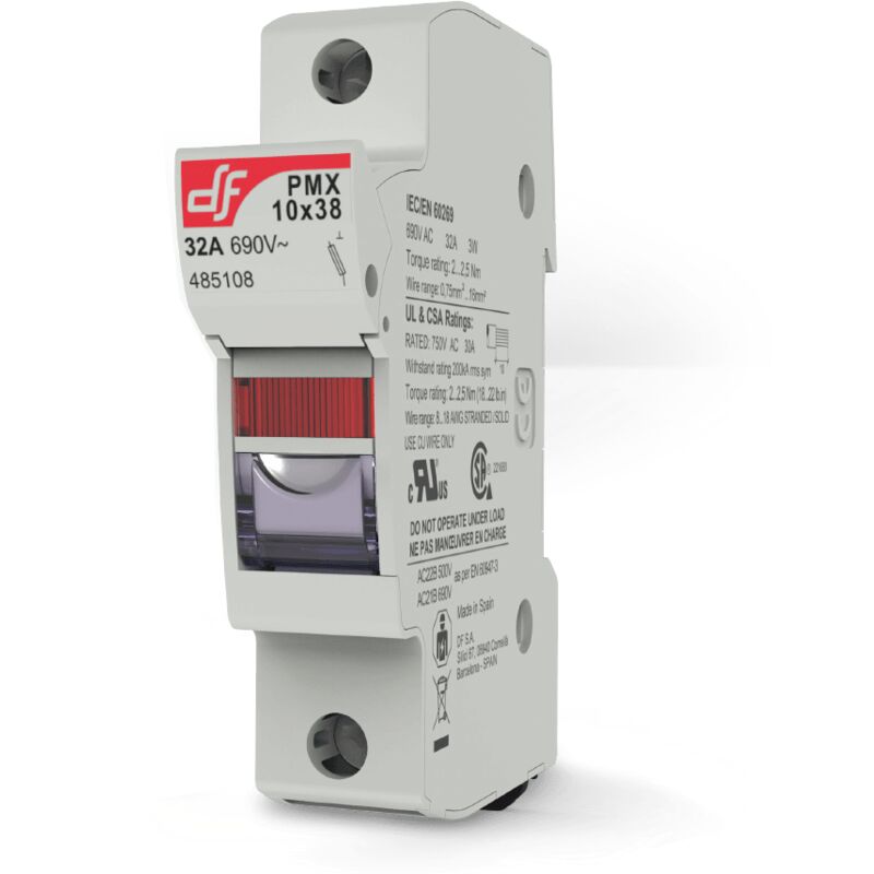 foto del prodotto portafusibile per fotovoltaico con indicatore luminoso, 1000v 32a, 1 modulo, per fusibili ⌀10,3x38mm, montaggio su guida din - wimex 5450127f pmx-10x1-lum-ul