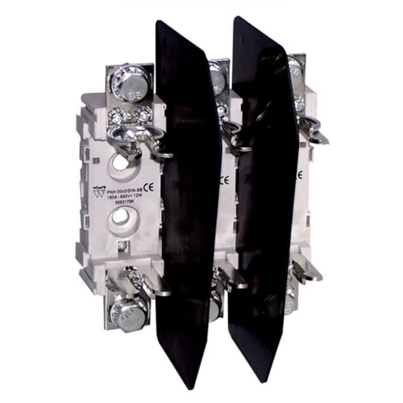foto del prodotto portafusibile per fusibili nh 00, tripolare, 690v 160a, fissaggio su guida din, tipo pnh00x3-din-sb - wimex 5553175k