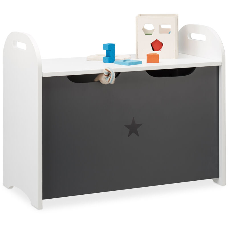 foto del prodotto portagiochi bambini, mobiletto per giocattoli, panca con coperchio, hlp 47x57x30 cm, con stella, bianco grigio relaxdays