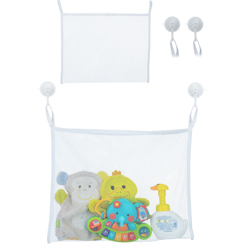 foto del prodotto portagiochi per la vasca da bagno, set da 2, bagnetto bambini e neonati, rete giocattoli, hxl 35x45 cm, bianco relaxdays