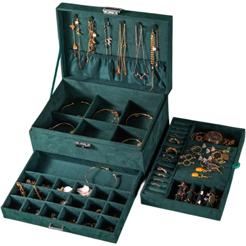 foto del prodotto portagioie a 3 livelli, con cassetti e scomparto per orologi, regalo per ragazze, da viaggio, in flanella, per anelli, orecchini, collane e orologi,