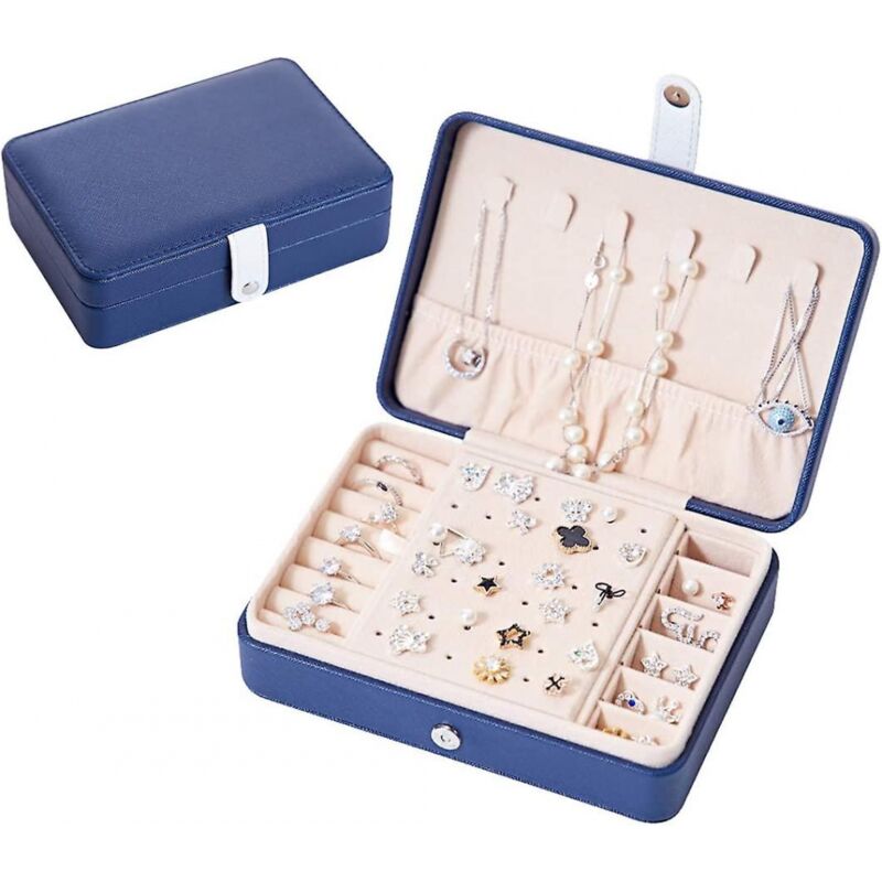 foto del prodotto portagioie a due livelli, portatile per riporre anelli, orecchini e collane blu navy bebusingoto