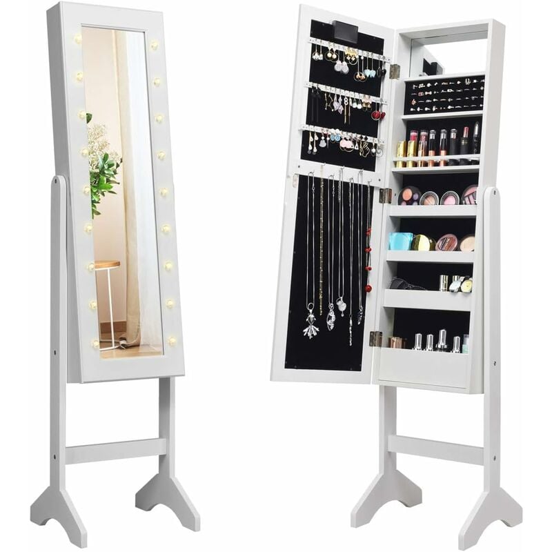 foto del prodotto portagioie armadietto specchiera con 18 luci led, specchio a figura intera, organizer per gioielli moderno elegante, 145x35x31,5cm bianco costway
