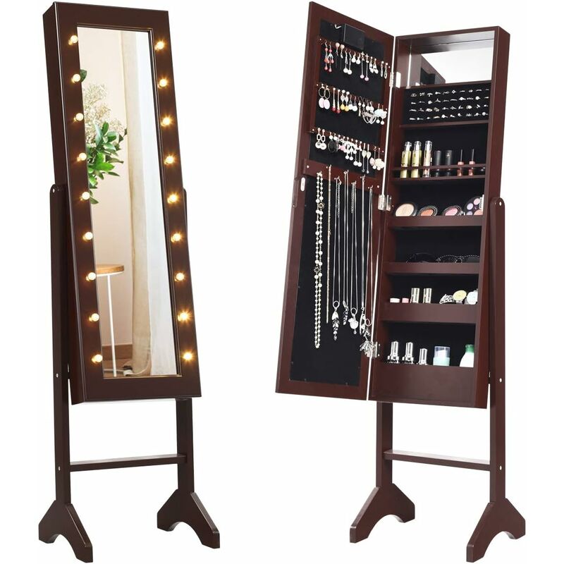 foto del prodotto portagioie armadietto specchiera con 18 luci led, specchio a figura intera, organizer per gioielli moderno elegante, 145x35x31,5cm marrone costway