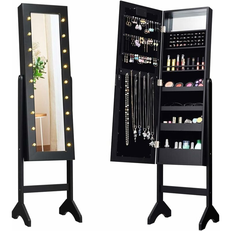 foto del prodotto portagioie armadietto specchiera con 18 luci led, specchio a figura intera, organizer per gioielli moderno elegante, 145x35x31,5cm nero costway