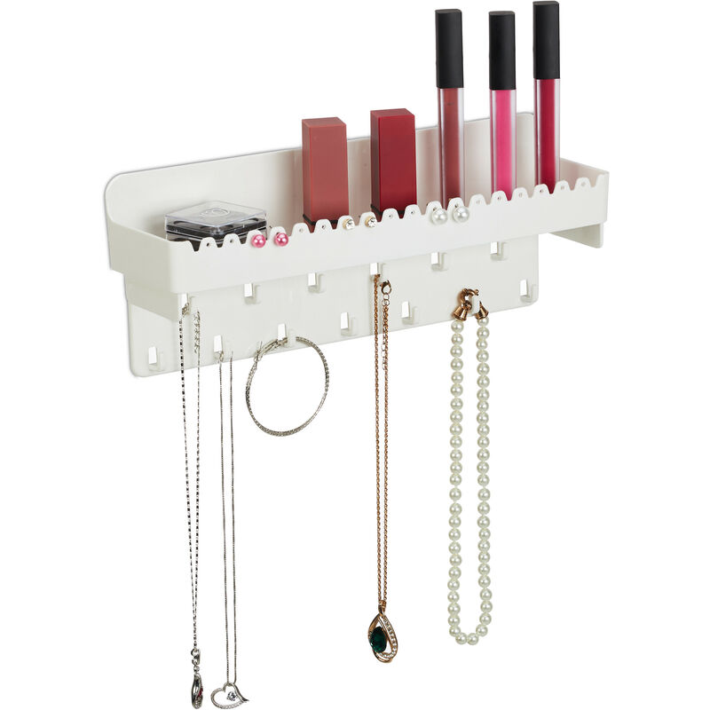 foto del prodotto portagioie da parete, organizer collane, orecchini e bracciali, mensola portatrucchi, 12 x 30 x 8 cm, bianco relaxdays