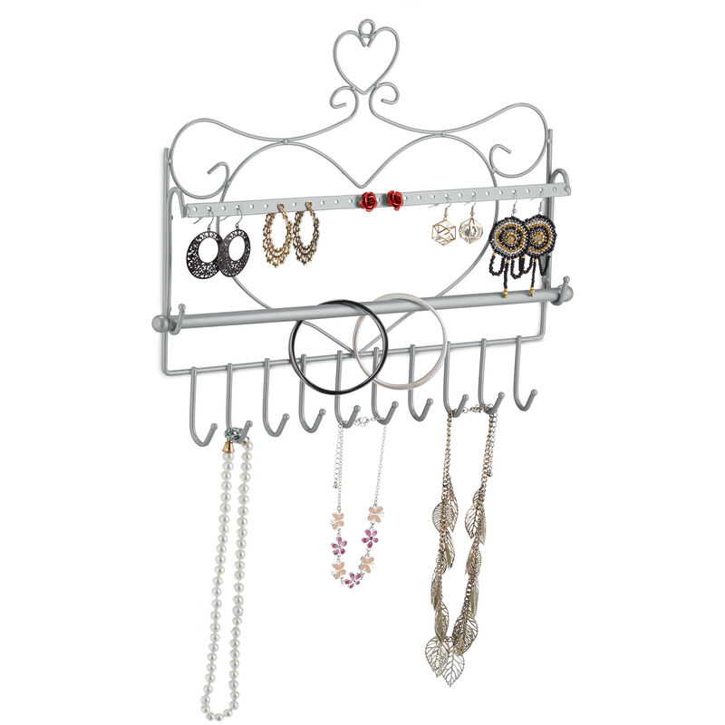 foto del prodotto portagioie da parete, per collane, orecchini e bracciali, design vintage con cuore, hlp 30x36,5x3,5cm, argento relaxdays