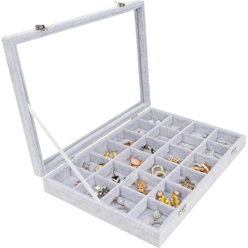 foto del prodotto portagioie in velluto grigio con 24 scomparti e coperchio in vetro portagioie impilabile e modulare per anelli, collane, bracciali, orecchini e