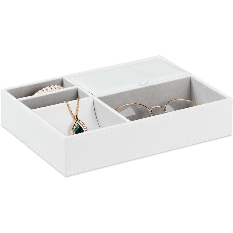 foto del prodotto portagioie, organizer cassetti, 5 scomparti per gioielli, cofanetto con coperchio, hlp 5x25,5x18,5 cm, bianco relaxdays