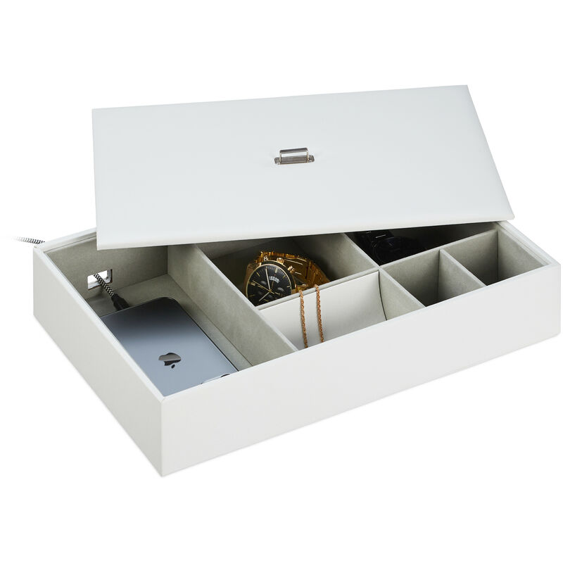 foto del prodotto portagioie, organizer con scomparti per gioielli, cofanetto con coperchio similpelle, hlp 7x32x22 cm, bianco relaxdays