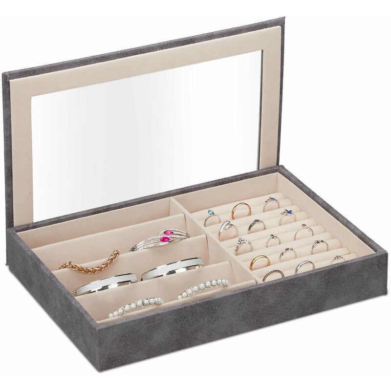 foto del prodotto portagioie, organizer per gioielli, cofanetto con coperchio trasparente, in similpelle, 5 x 30 x 21 cm, grigio relaxdays