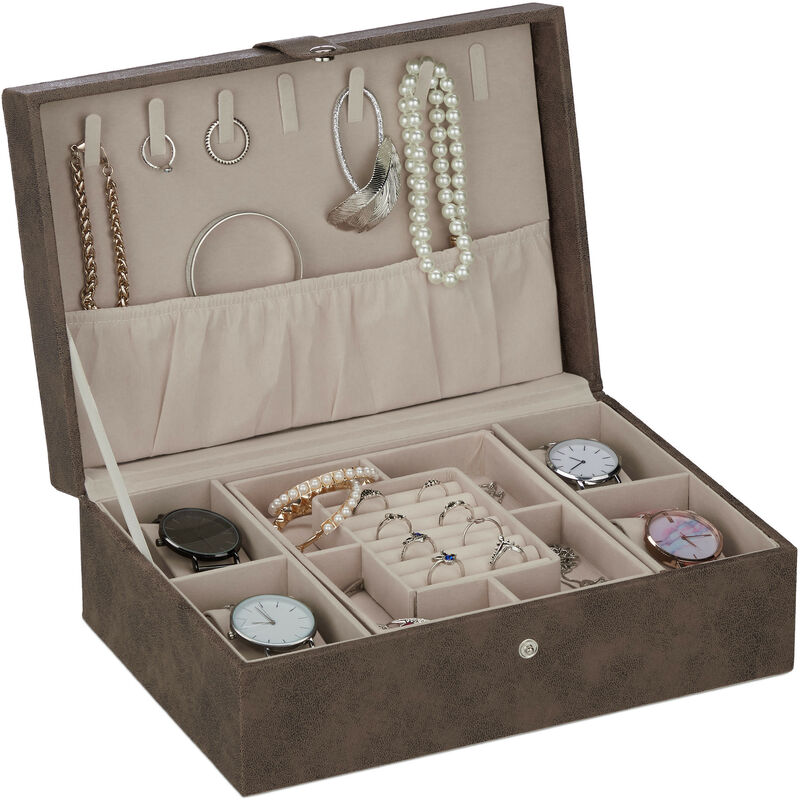 foto del prodotto portagioie, organizer per gioielli, cofanetto portabijoux, similpelle, com e scrivania, 10x29x20 cm, marrone relaxdays
