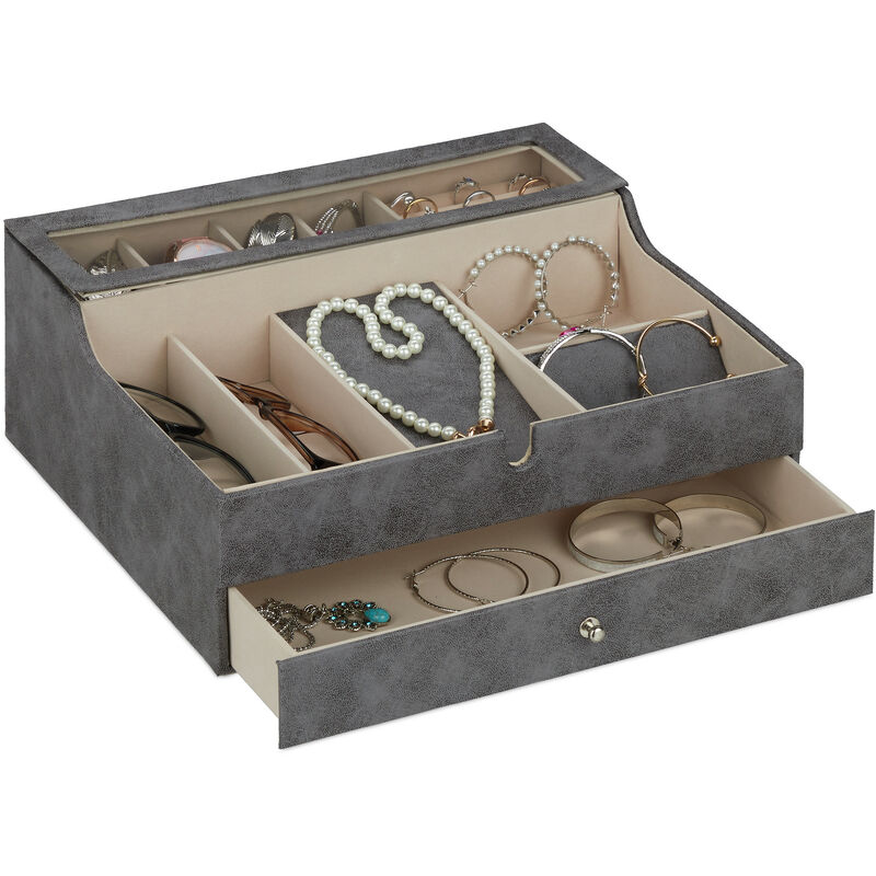foto del prodotto portagioie, organizer per gioielli, portabijoux con cassetto, similpelle, da com , hlp 13x34x31 cm, grigio relaxdays
