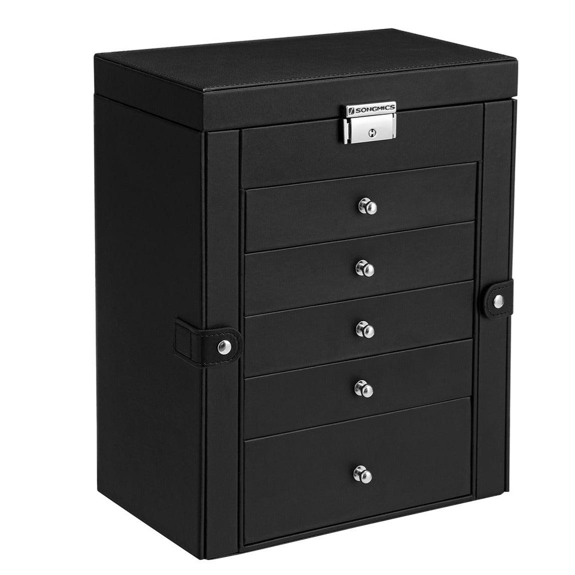 foto del prodotto portagioie scrigno portagioielli grande 6 livelli con ante specchio cassetti e chiusura per bracciali orecchini anelli collane idea regalo 32 cm nero 12 0002126