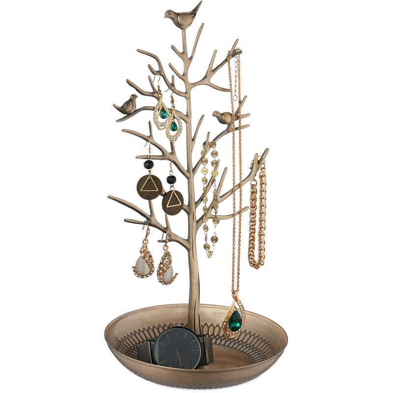 foto del prodotto portagioie, stand portagioielli, forma d albero, in metallo, hxlxp 30x16x15 cm, organizer per bijoux, dorato relaxdays