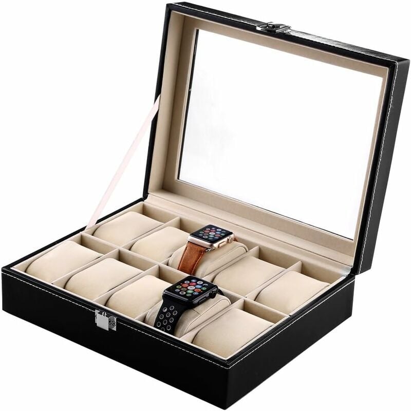 foto del prodotto portagioielli espositore scatola per orologi custodia porta orologi con serratura similpelle nera 10 scomparti ,
