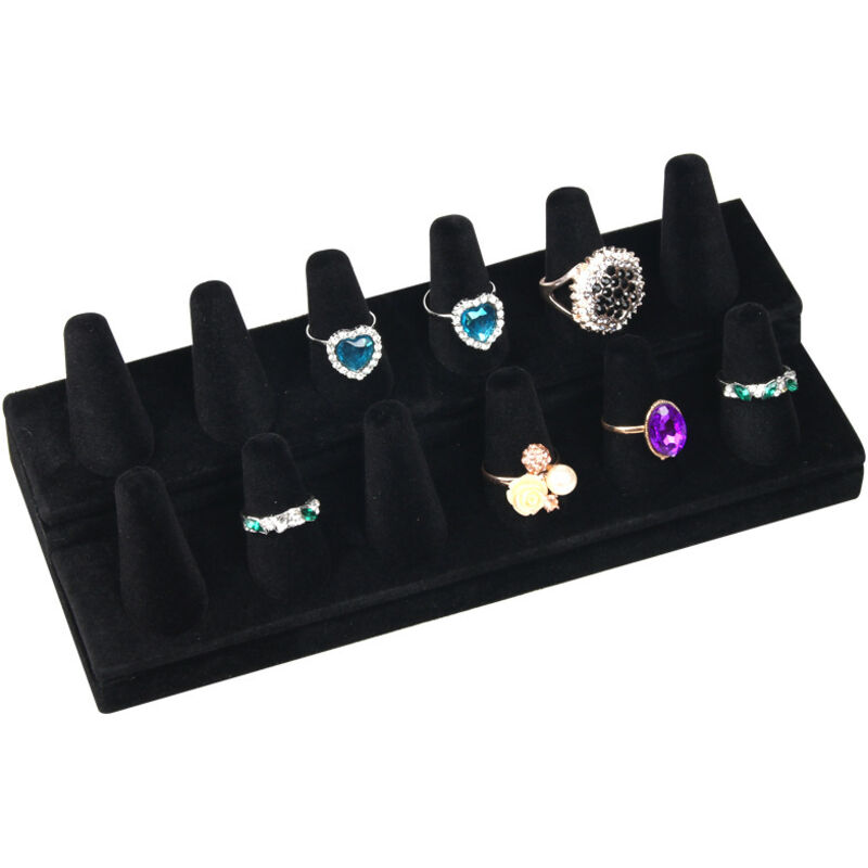 foto del prodotto portagioielli in velluto nero - vassoio espositivo per gioielli a 2 livelli, 12 coni con base solida - espositore per anelli per camere da letto,