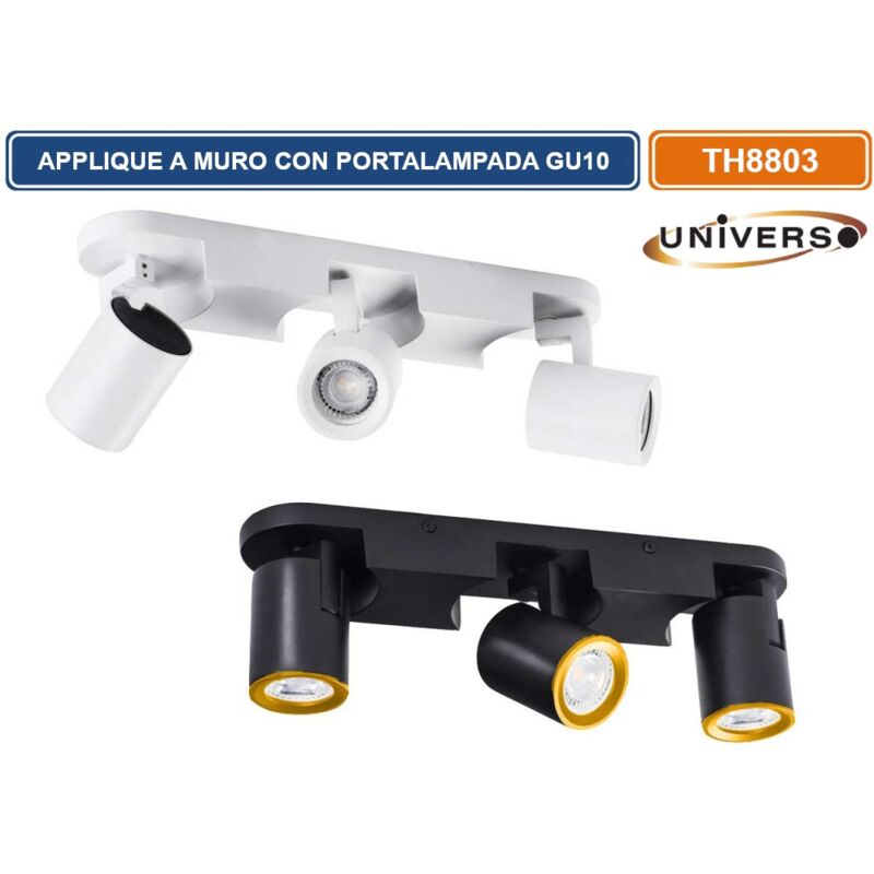 foto del prodotto portalampada applique wall light lineare a soffitto con teste orientabili per 3 lampadine gu10 colore nero