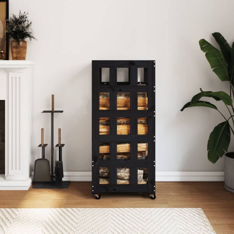 foto del prodotto portalegna con ruote nero 40x49x110 cm legno massello di pino vidaxl