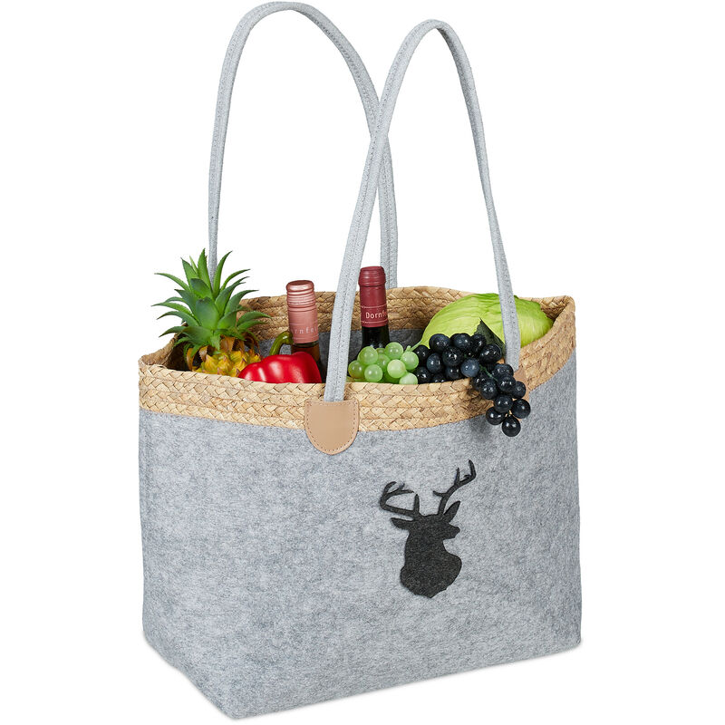 foto del prodotto portalegna da interno in feltro, cesta da 35 l, borsa con manici porta legna con disegno di cervo, grigio relaxdays